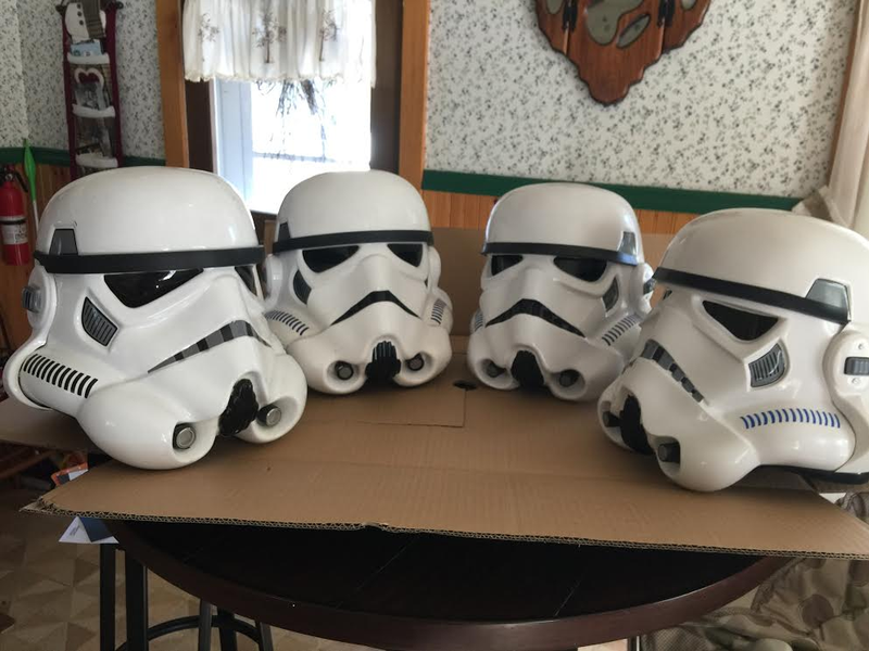 I might have a problem. From left to right, a history of Stormtrooper helmets: FX (vaccuformed ABS), Master Replicas CE helmet (idealized, and really nice, injection molded). MTK helmet, (vaccuformed ABS), ANOVOS helmet, (vaccuformed ABS).
